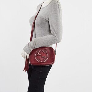 Gucci Burgundy Pebbled Leather Soho Disco Studded Shoulder Bag